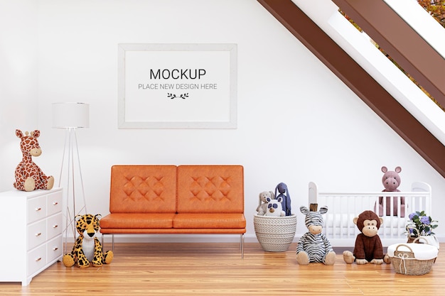 3d rendered illustration of a bright attic nursery room with mockup picture frame