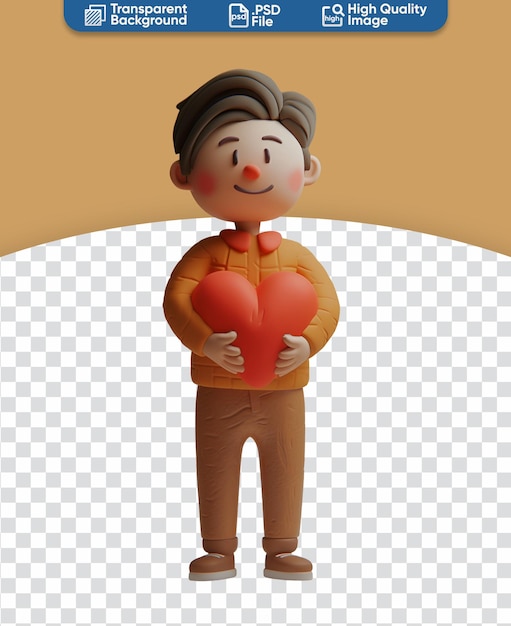 3D Rendered Illustration of a Chibi Cartoon A Cute Happy Man Holding a Big Red Heart