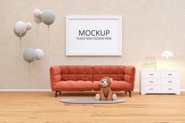 3d rendered illustration of child play room with white picture frame mock up