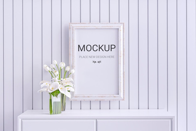 3d rendered illustration of a mockup picture frame on a white wooden desk