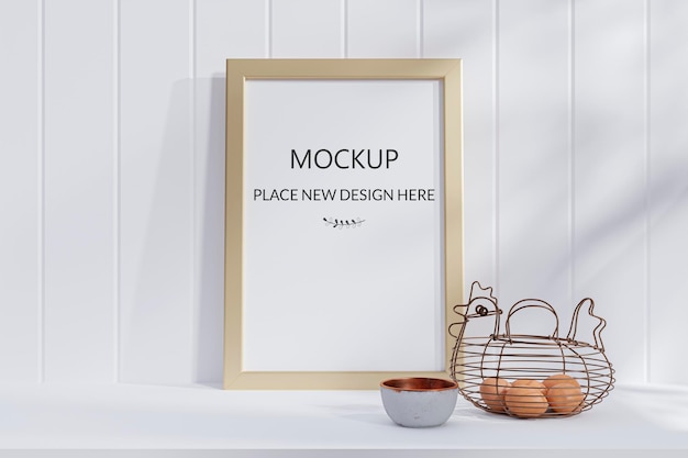 3d rendered illustration of a mockup picture frame with eggs basket on a white shelf