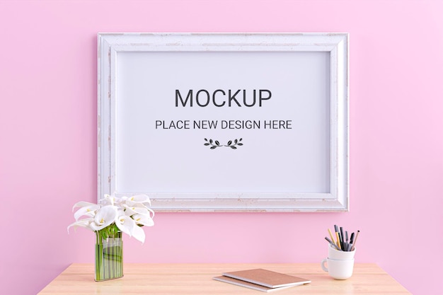 3d rendered illustration of a mockup picture frame on a wooden desk with pink wall background