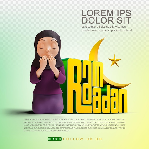 3d rendered Islamic girl praying Banner or greetings with editable background