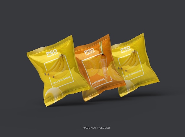 3D rendered mockup template for a glossy generic sealed snack packaging bag with crimped edges