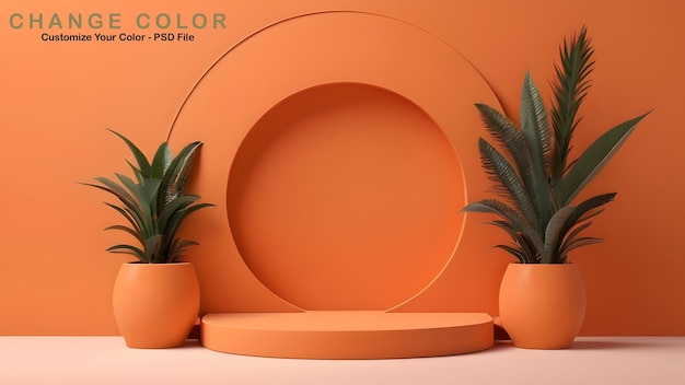 3D Rendered Podium for Product Display Geometric Minimal Podium orange Theme Vibrant Colors Plants