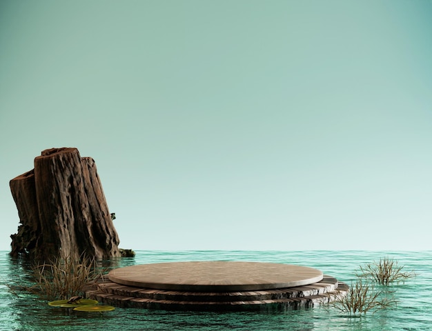 3d rendered product podium base display on water and wood scene