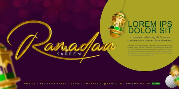 3D Rendered Ramadan Kareem Banner Design with Editable background