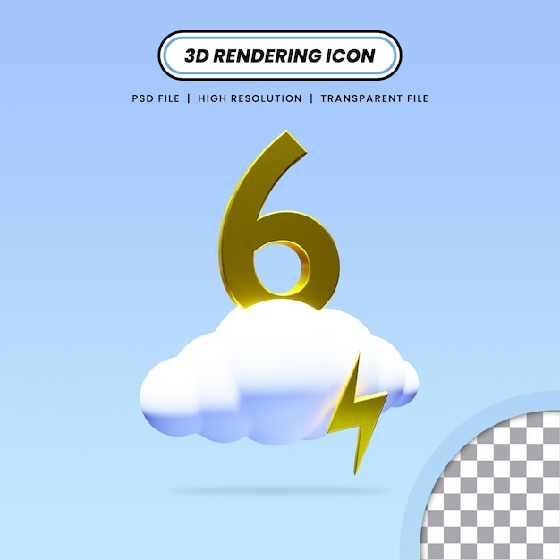 3d Rendered realistic cloud with thunder and number 6 icon design