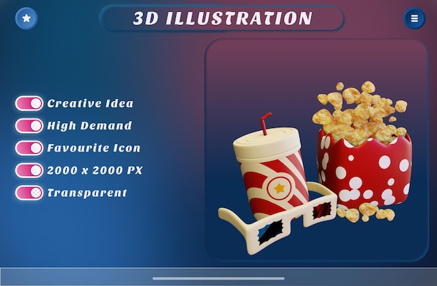 3d rendering 3d glasses with popcorn and drink for watching movie