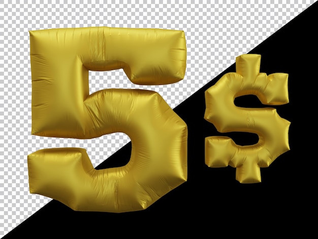 3d rendering of 5 dollar balloon gold