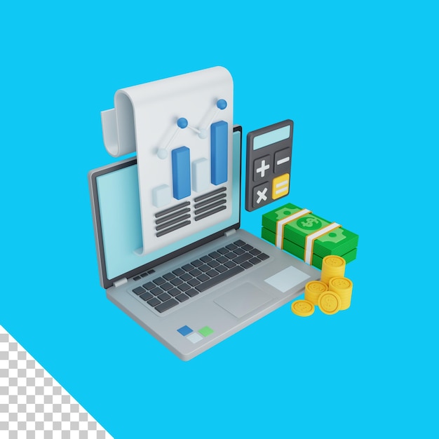 3d rendering accounting concept with laptop, money, calculator and colorful report or statement