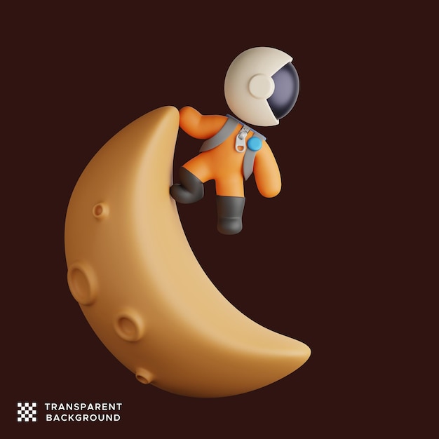 3d rendering of an astronaut hanging from the top of the crescent moon