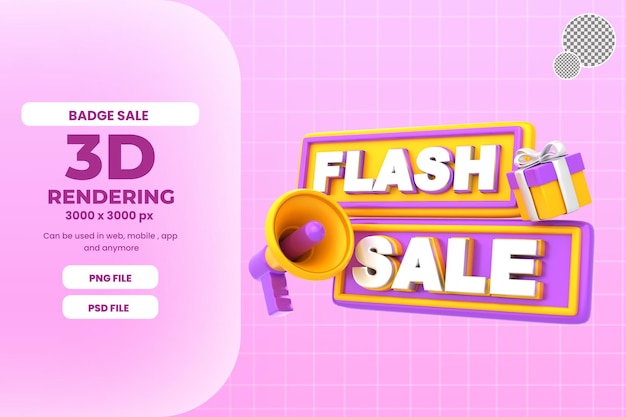 3d rendering badge flash sale with megaphone icon