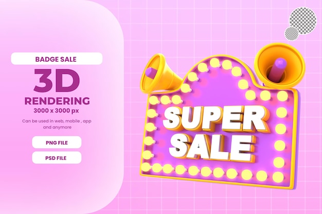 3d rendering badge super sale with lamp and megaphone icon