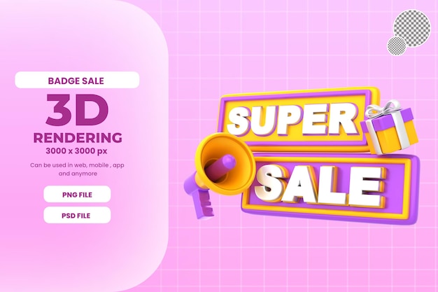 3d rendering badge super sale with megaphone icon