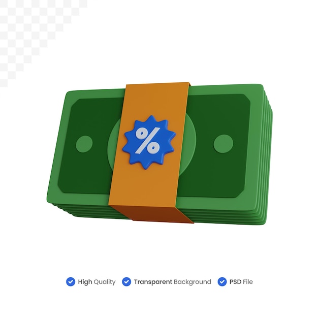 3d rendering banknote with percent icon isolated