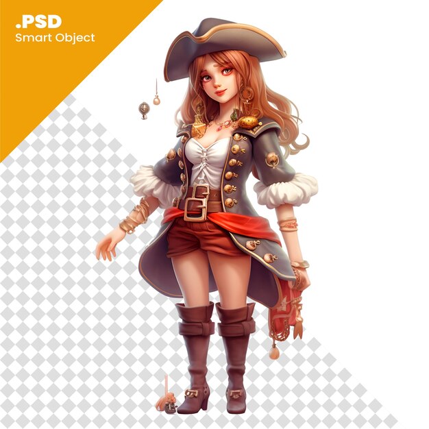 3D rendering of a beautiful pirate girl isolated on white background PSD template