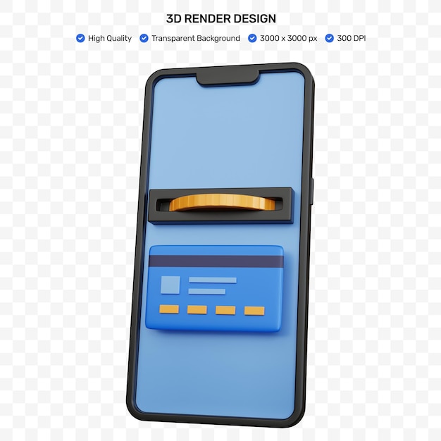 3d rendering black smartphone with credit card and coin isolated