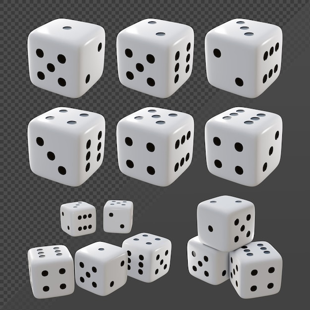 3d rendering of black and white dice from multiple perspective view angle