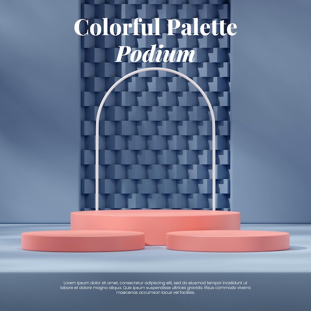 3D rendering blank mockup of pink cylinder podium in square with white arch and blue wall