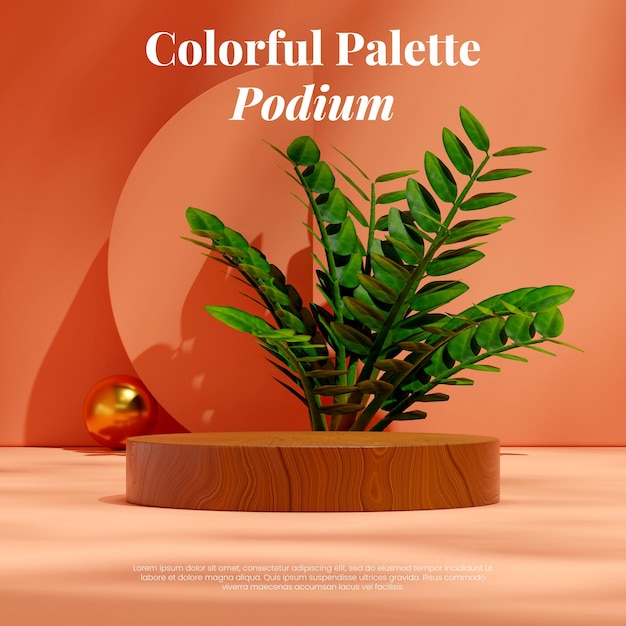 3d rendering blank space brown wood podium in square dark orange wall and green zamia plant