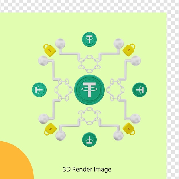 3d rendering of blockchain crypto tether coins