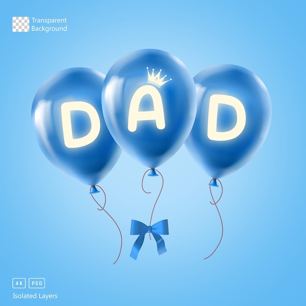 3D Rendering Blue Balloons With Glowing Dad For Father's Day