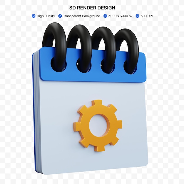 3d rendering blue calendar with yellow settings icon isolated