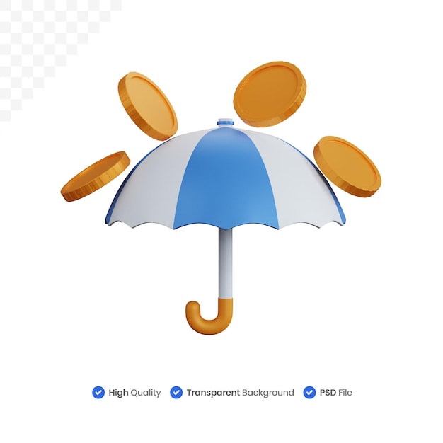 3d rendering blue umbrella with some coins falling on top isolated