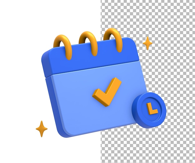 3D rendering of blue yellow calendar schedule date and time with checklist mark side for UI UX