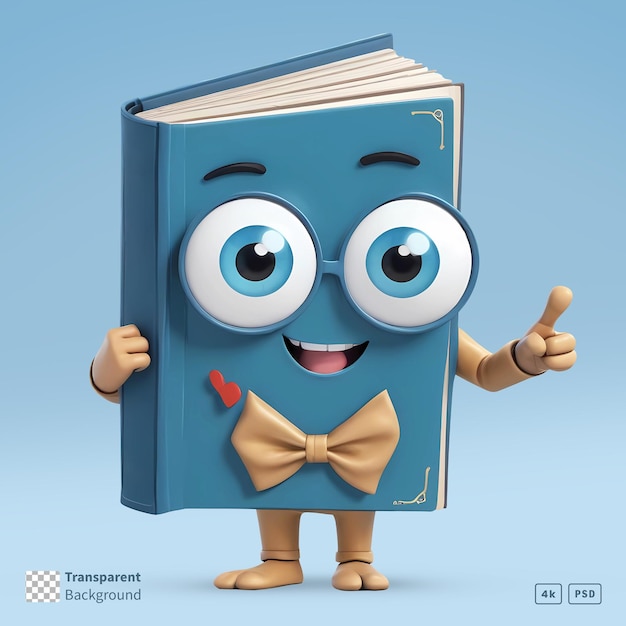 PSD 3d rendering book cartoon character with bow tie