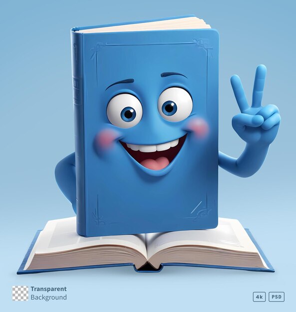 PSD 3d rendering book cartoon character with peace sign hand