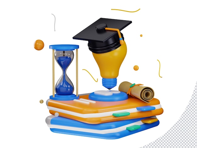 3d rendering books with light hourglass and Diploma certificate with Graduates cap