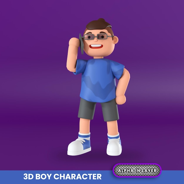 3d rendering of the boy character in glasses on the phone illustration