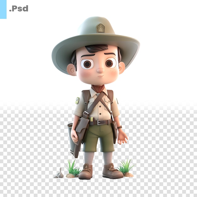 3D rendering of a boy dressed as a safari hunter PSD template