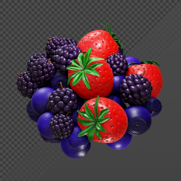 3d rendering bunch of berries strawberries blueberries blackberries perspective view