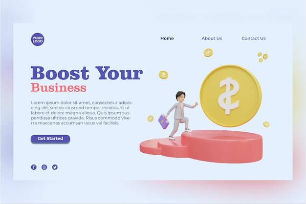 3d rendering business man and coin illustration object landing page premium psd