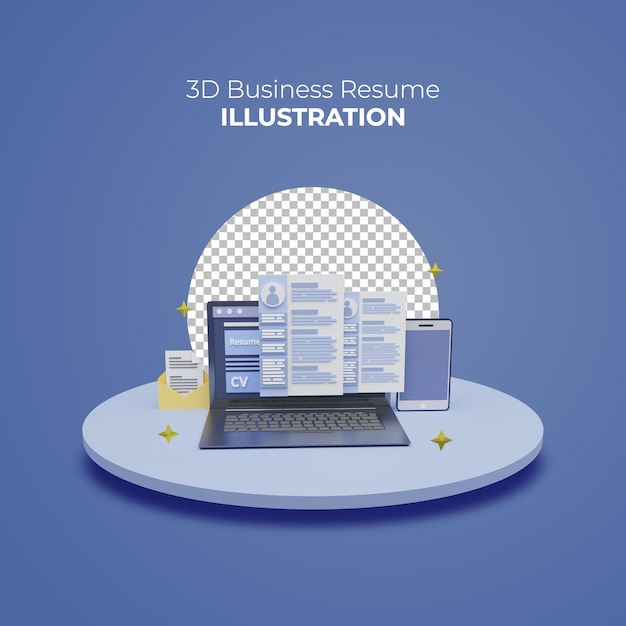 3d rendering business resume icon with laptop and mobile phone