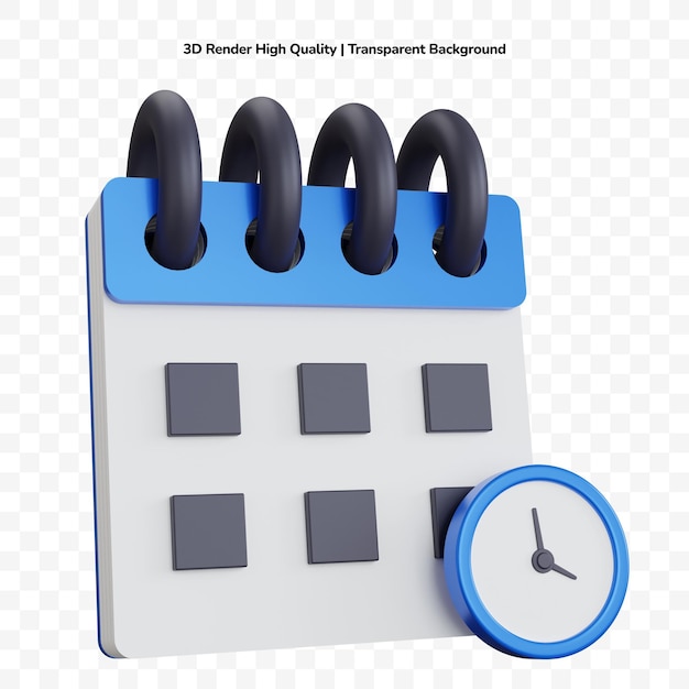 3d rendering calendar with clock blue isolated