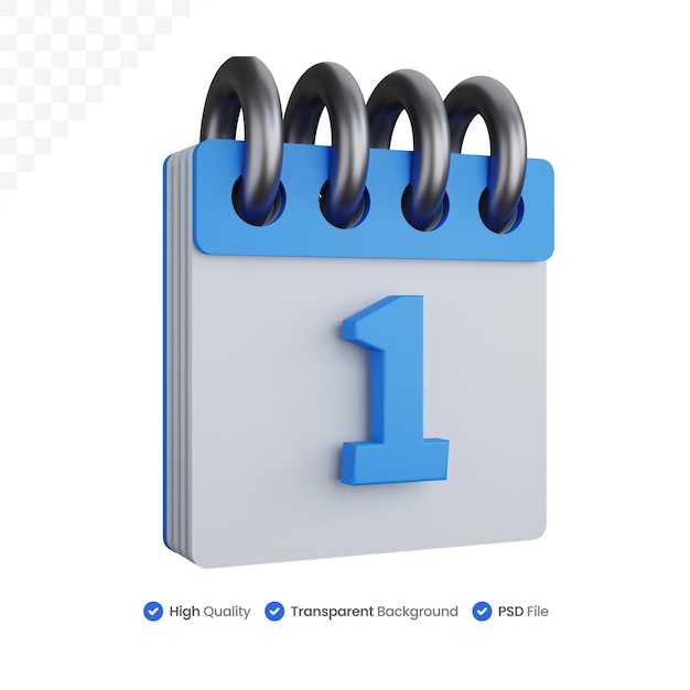 3d rendering calendar with number 1 isolated