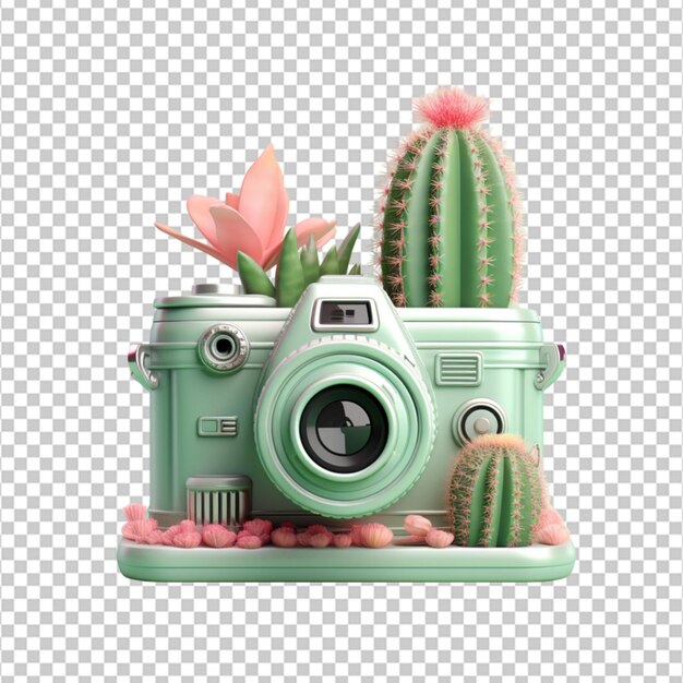 3d rendering of camera and cactus on pastel color on white background