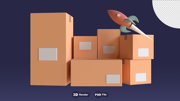 3D rendering cardboard box or delivery package 3D illustration delivery cargo box with rocket