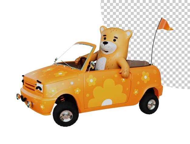 3d rendering cartoon bear on a car driving bear orange car kid child illustration side view