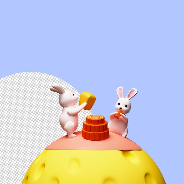 3D Rendering Cartoon Of Cute Bunny Eating Cake On Moon Against Sky Blue Background