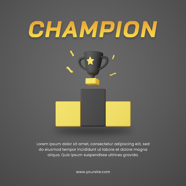 3d rendering champion trophy with dark theme social media post design template