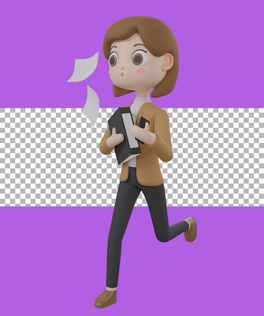 3d rendering character business woman busy running tranparent premium psd