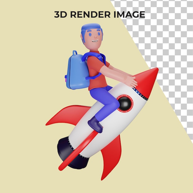 3d rendering of a character riding a rocket with a back to school concept