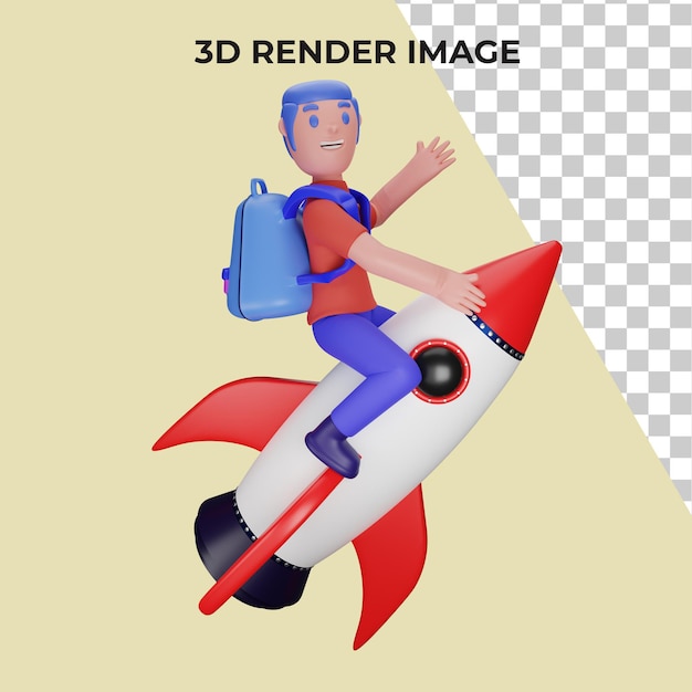 3d rendering of a character riding a rocket with a back to school concept