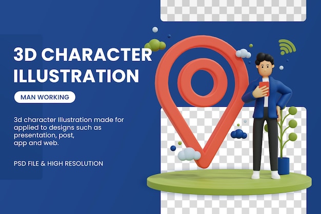 3d rendering character with location icon 3d illustration Premium Psd