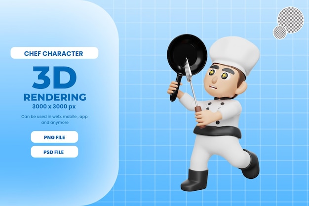 3d rendering chef character illustration with frying pan premium psd